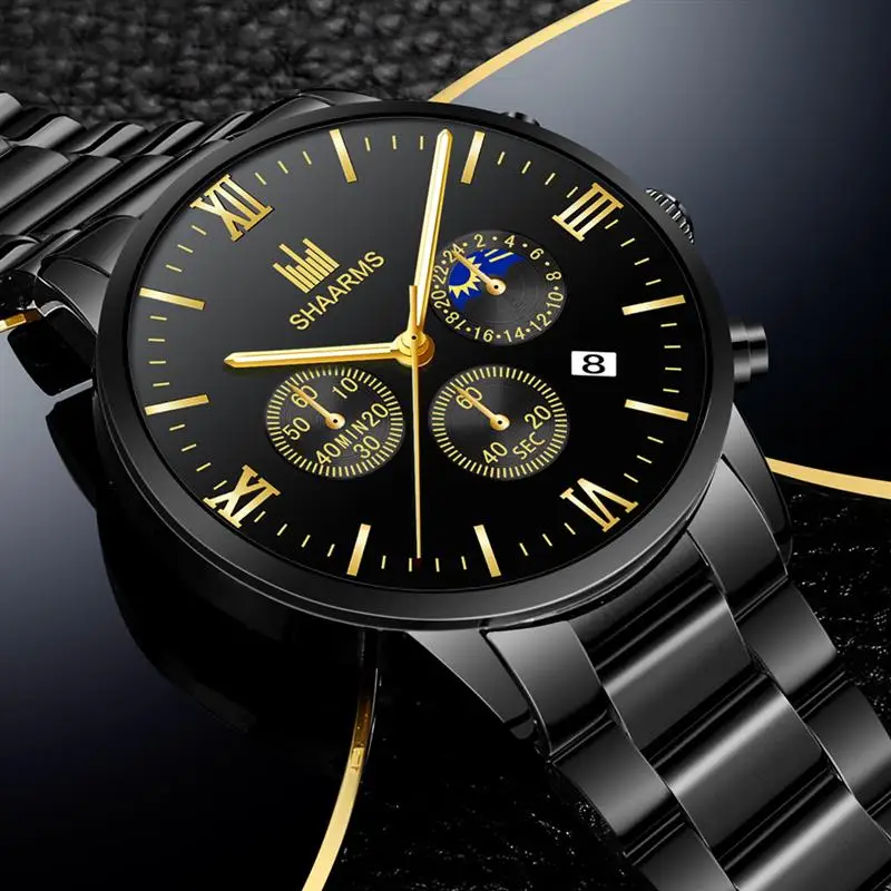 SHAARMS Orologio Da Uomo Nero In Acciaio Inox Banda Numero Romano Orologi  Al Quarzo Militare Sport Data Orologio Da Polso Orologio Orologio  Luna|Quartz Watches| - AliExpress