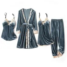 Новинка зимы, Женский комплект из 4 предметов, ночная рубашка и халат, домашняя одежда, сексуальная теплая ночная рубашка, халат, бархатная Пижама, домашняя одежда с поясом
