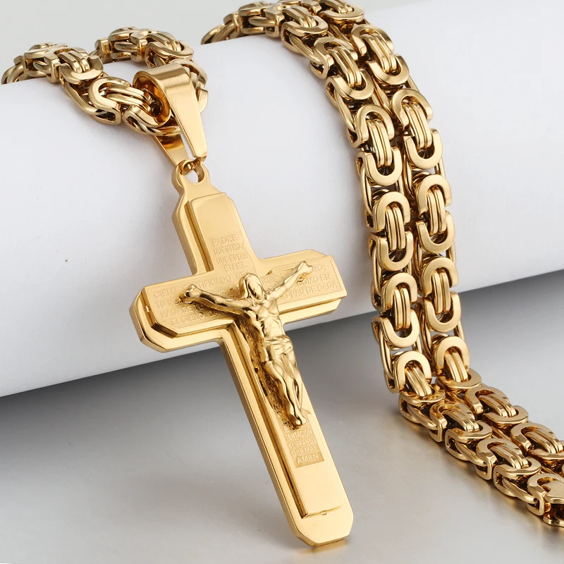 Gold Испанская Библия Крест Иисуса Христа кулон ожерелье Шарм Нержавеющая сталь Золото длинная цепь ожерелье s византийский Религиозные ювелирные изделия - Окраска металла: Gold