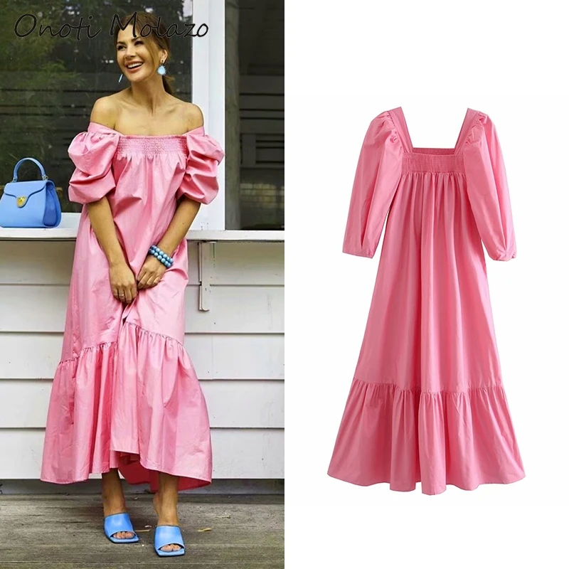 

women pink ruffle dress half sleeve square collar oversize long casual dress summer fashion vestidos largos verano za 2020 new