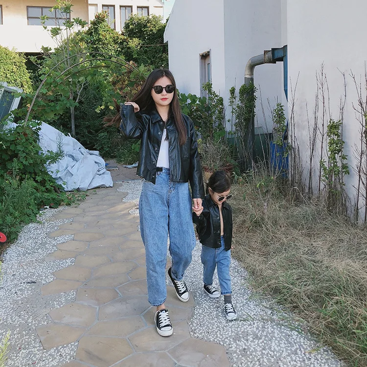 

Family Matching Clothes High Quality PU Leather Single-breasted Jackets Mommy and Daughter Matching Clothes Leather Clothing
