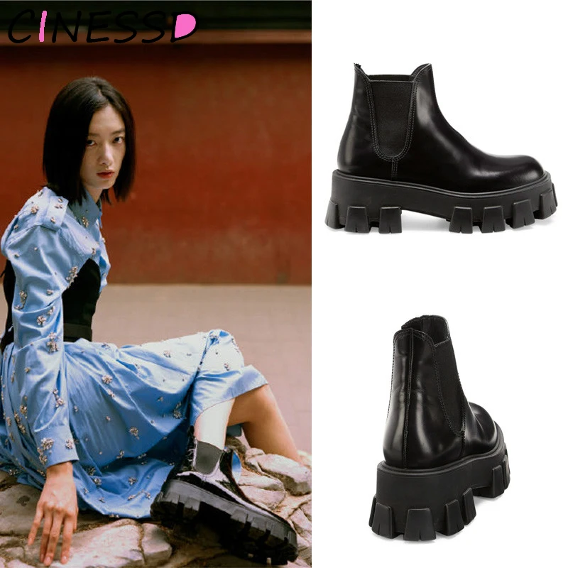 

Platform Chelsea Boots Slip on Botas Mujer Punk Ankle Boots for Women Short Genuine Leather Shoes Woman Bottes Femme Stivali
