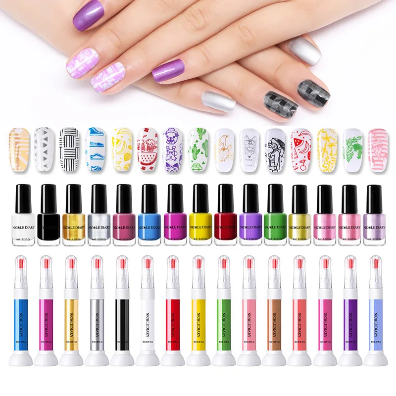 

NICOLE DIARY Stamping Nail Polish 6pcs Set Varnish Lacquer Black Gold Silver Colorful Manicure Nail Art Plate Printing Lacquer