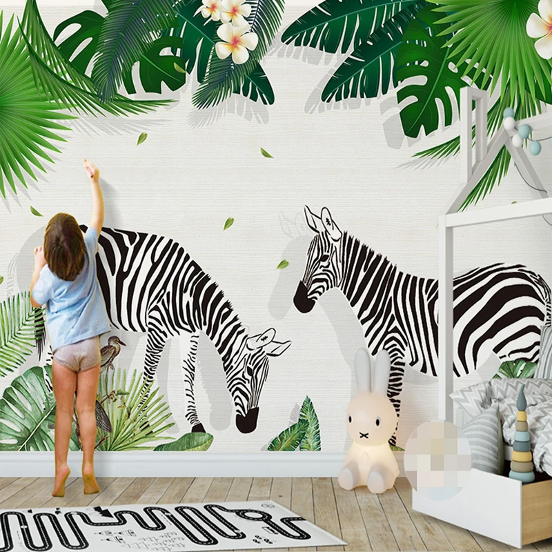 

Drop Shipping Custom 3D Photo Wallpaper For Kids Room Creative Hand Painted Zebra Green Tree Leaf Decor Wall Sticker Mural