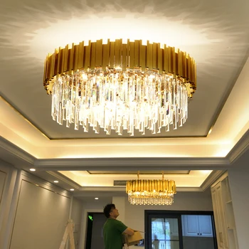 

Modern minimalist luxury crystal LED ceiling lamp golden round living room crystal lamp bedroom hotel crystal ceiling lamp