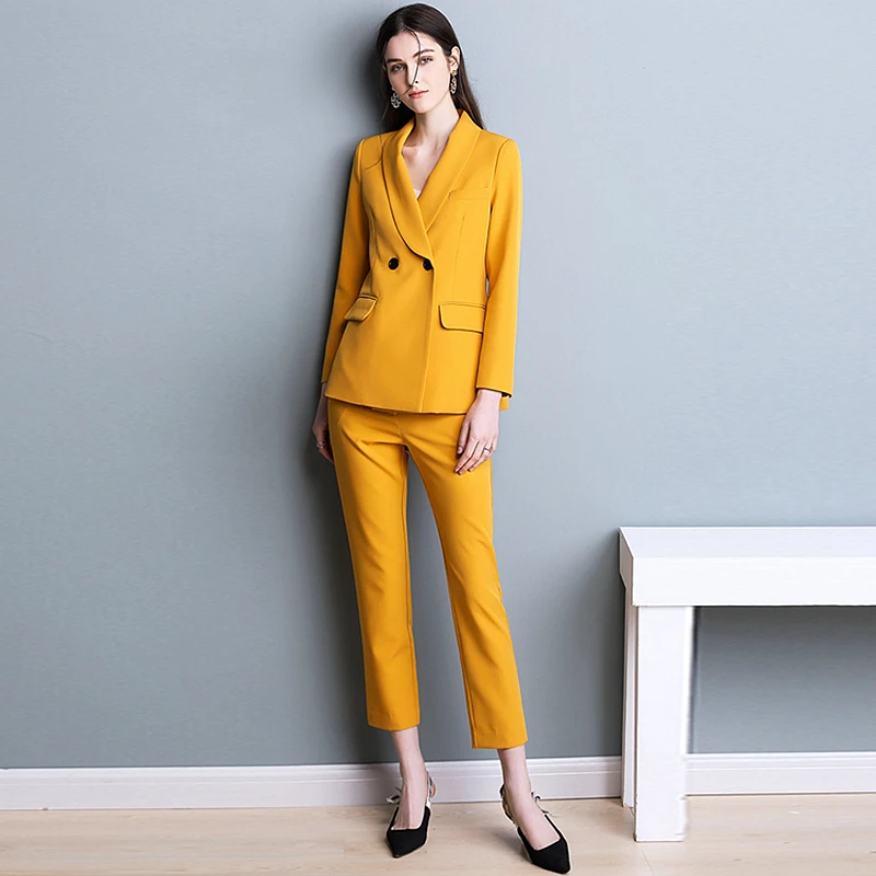 

Suits Women Two Pieces Set 70% Polyester Blended Single Button Long Suit Ankle-length Pants Simple Design New Elegant Style
