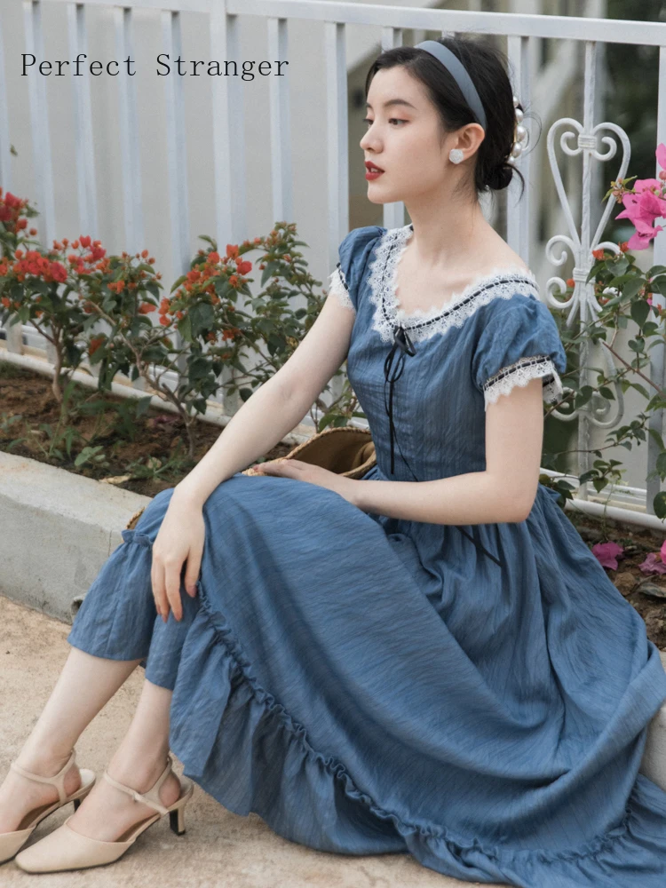 

2021 Summer Vintage Elegant Slim European Romance Long Dress Retro Lace Sexy Slash Neck Casual Everyday Midi Dress Blue