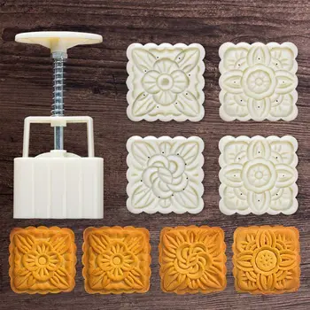 

4Pcs Square Hand Press Stamp Moon Cake Decor Barrel Mooncake Mold 100g Pastry DIY Tool Mid-Autumn Festival