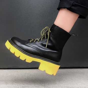 

Fashion Martin Boots Natural Leather Women Boots Thick High Heels Platform Ankle Boots Autumn Winter Zipper Ladies Shoes