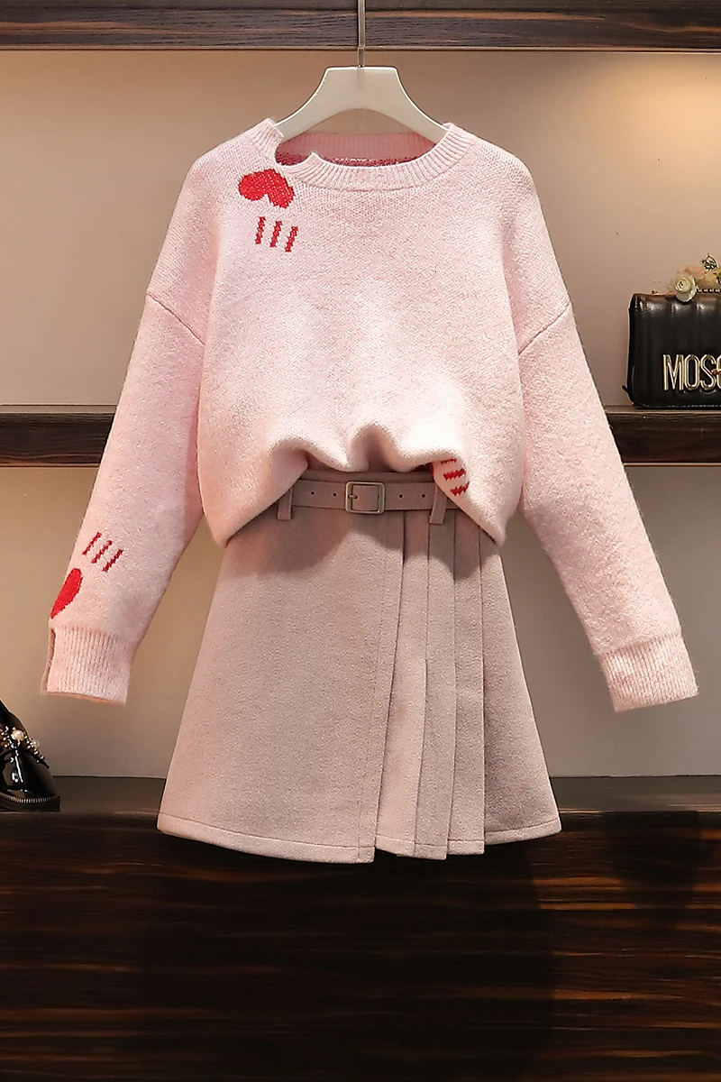 Зимняя модная женская одежда, шерсть, розовый длинный рукав, круглый воротник, принт в виде сердца, свободные пуловеры, милый свитер+ плиссированная юбка с поясом