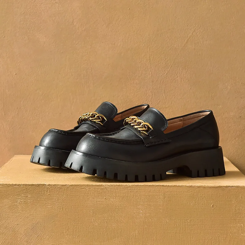 BeauToday Platform Loafers Women Genuine Cow Leather Round Toe Casual Flats Metal Chain Slip On Female Shoes Handmade 27756