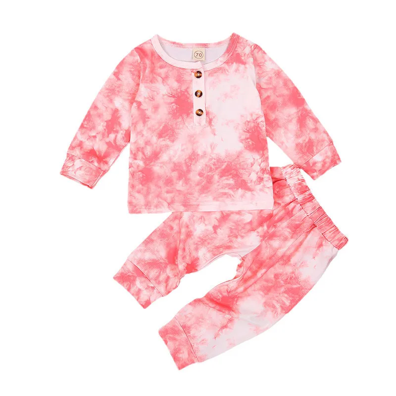 

2020 New Born Boy and Girl Tie-dyed Clothes Set 2-piece Baby Warm Clothing Long-Sleeve Button Top Trousers Suits