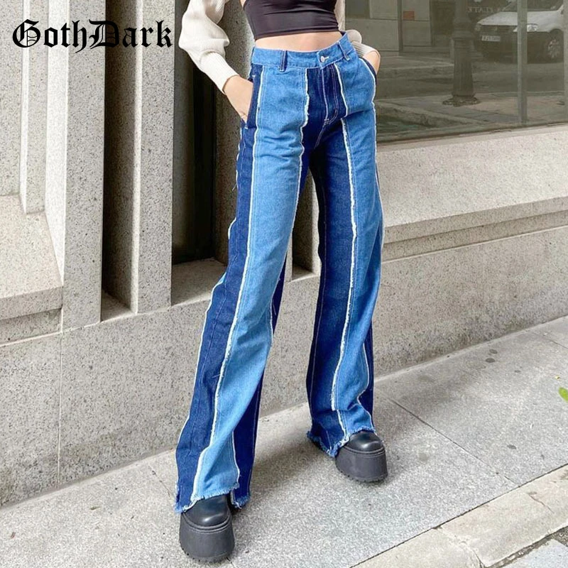 

Goth Dark Wide Leg Gothic High Waisted Blue Jeans Hip Hop Korean Style Fashion Female Color Blocking Pants Streetwear Trousers