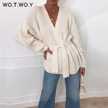 

WOTWOY Sexy V-neck Knitted Cardigan Women Autumn Winter Long Sleeve Cropped Kimono Cardigans Female Solid Oversized Jumper 2020
