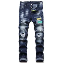 Pantalones vaqueros ajustados para hombre, Jeans desgastados, rasgados, con puntos de pintura, marca italiana de moda, #1232