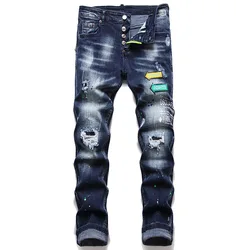 Pantalones vaqueros ajustados para hombre, Jeans desgastados, rasgados, con puntos de pintura, marca italiana de moda, #1232