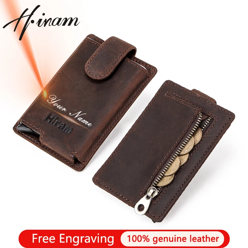 Hiram-tarjetero de Metal RFID para hombre, billetera pequeña de cuero Crazy Horse, con caja de aluminio, para tarjetas de identificación