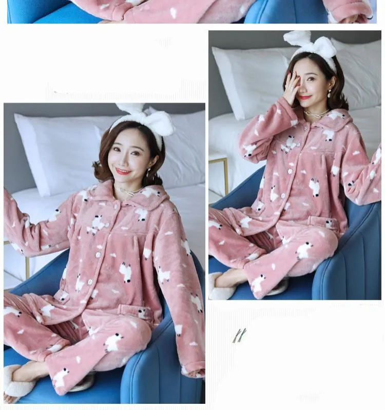 Зимний пижамный комплект, Женская Фланелевая пижама на пуговицах, теплая Сексуальная плюшевая одежда для сна, большой размер, Женская домашняя одежда для мамы, модные пижамы