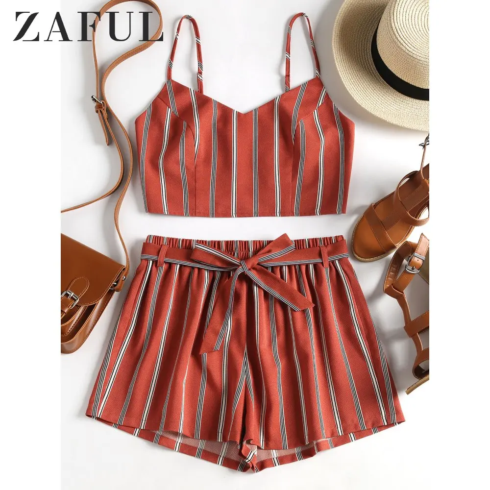ZAFUL Лето Женщины Набор Полосатый Укороченный Топ Шорты с Высокой Талией Из Двух