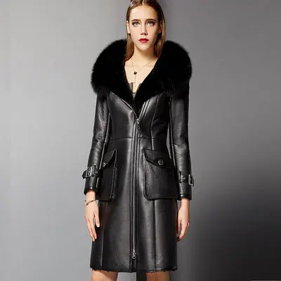 Black Winter Real Natural Shearli Sheepskin Leather Coat Women New Black Genuine Fox Fur Collar Russian Suede Coats Plus Size 5XL 6XL - Цвет: Black