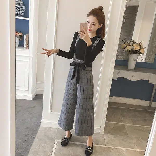 

Casual Office Lady Style Two Piece Sets O-Neck Solid Basic Long Sleeve Tops High Waist Plaid Bow Tie Up Suits