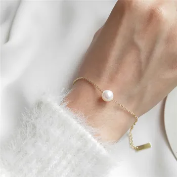 

POFUNUO Real 925 Sterling Silver Women Simple Classic Freshwater Pearl Bracelets Female Gold Simplicity Mini Thin Chain Bracelet
