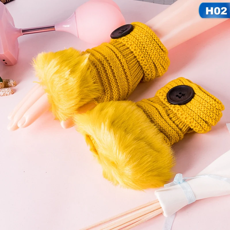 

2020 New Winter Cute Fingerless Warm Woolen Button Half Finger Gloves