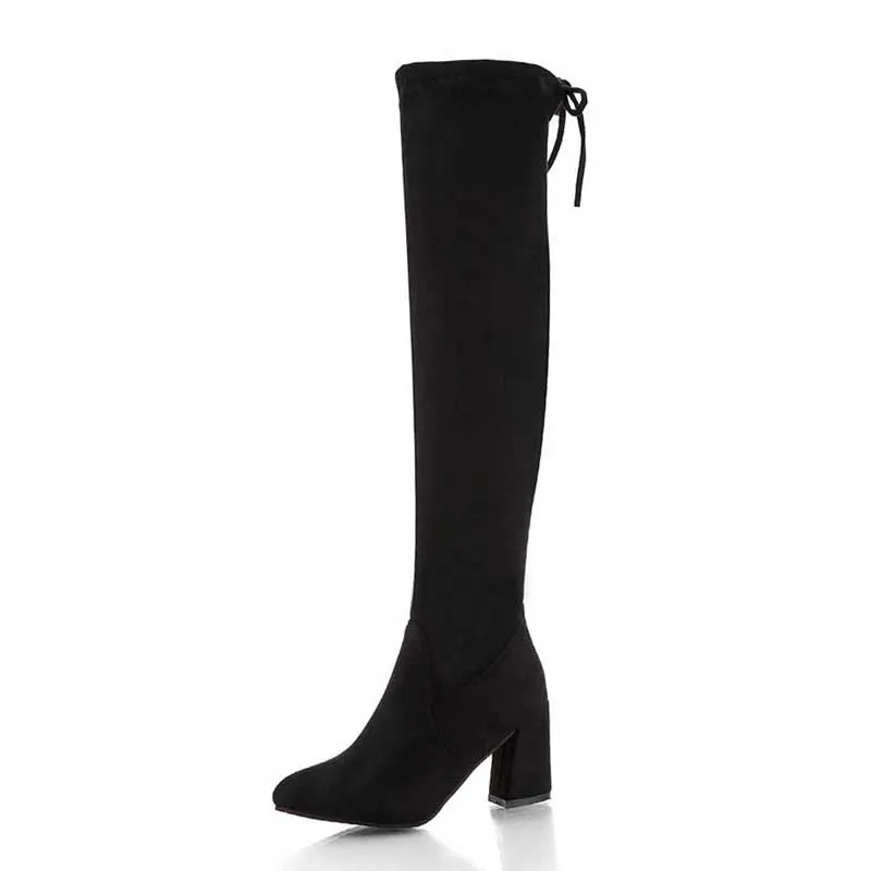 Taoffen/зимние теплые женские сапоги с высоким голенищем; однотонные Сапоги выше колена на высоком каблуке; модная обувь с заклепками; женская обувь; размеры 34-39 - Цвет: Черный