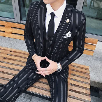 

2020 Korean men's spring new striped suit men's suit three piece men's suit
