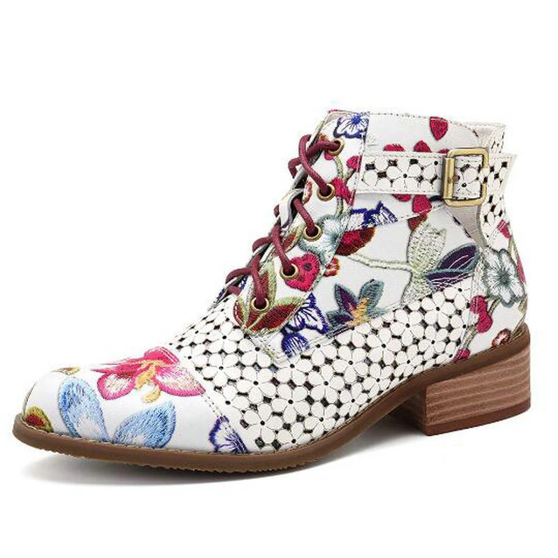 Botines de cuero de Para mujer, botines con estampado de flores y pintura de tinta, con de cordones, otoño, envío directo|Botas hasta tobillo| - AliExpress