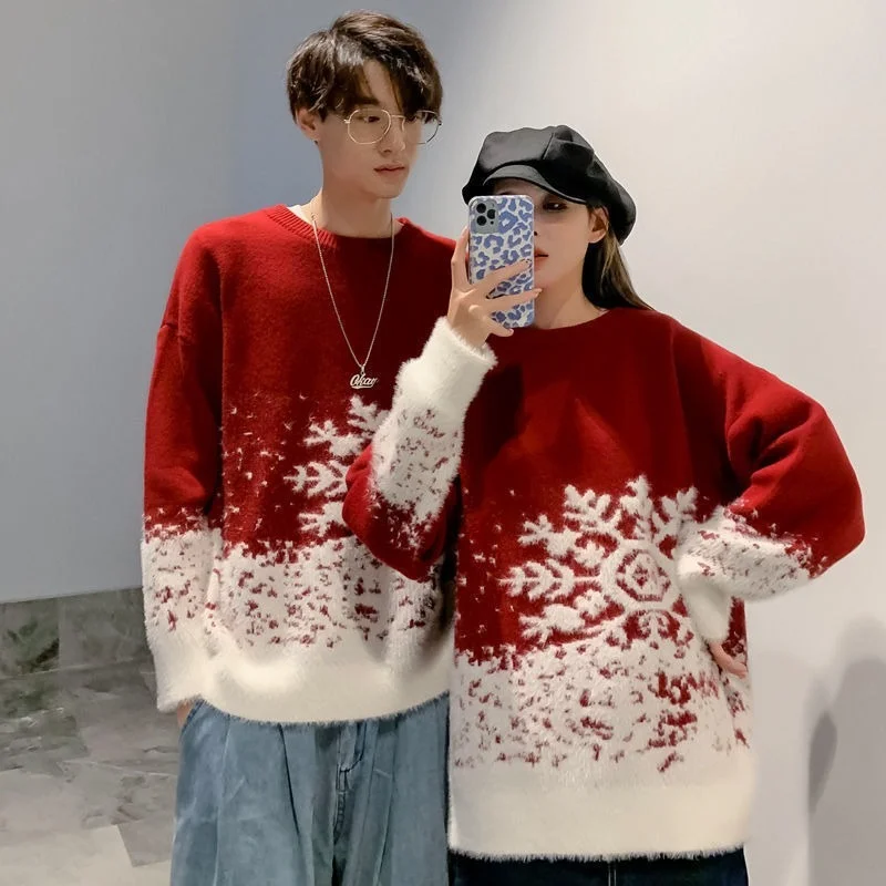 Couple Clothing Autumn and Winter Thicken Ugly Christmas Sweater Men Loose Casual Round neck Pullover red Snowflake knit Sweater