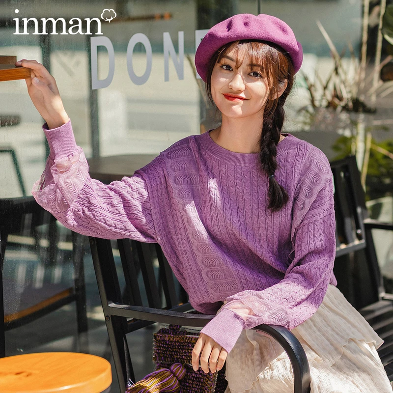 #Special Offers INMAN 2020 Spring New Arrival Youthful Round Collar Jacques Weave Lace Decoration Women Elegant Pullover Sweater