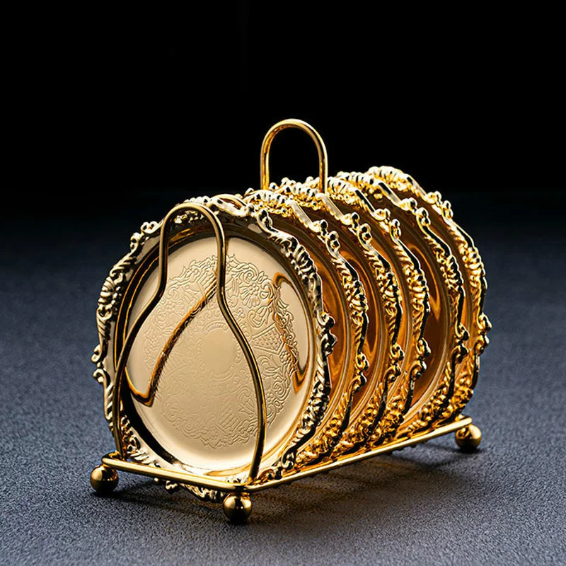 Golden Cocktail Coaster Metal Exquisite Cake Tray Set Dishes Rack Set Vintage Zinc Alloy Silver Plated Mat Placemat Snack Tray