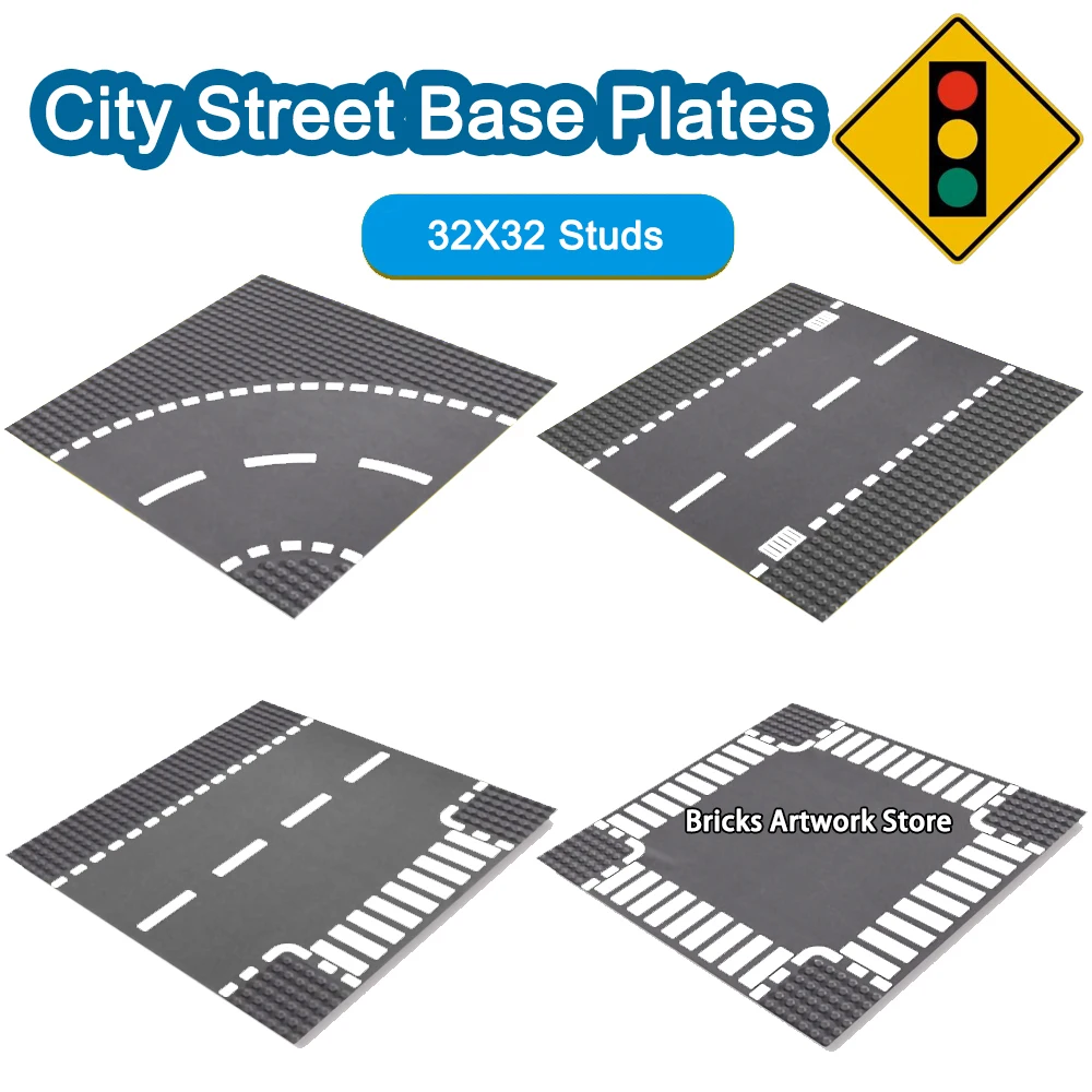 MOC Traffic Road Baseplate City Series Straight Crossroad Curve T-junction DIY Building Blocks Toys Accessory Parts Base Plates | Игрушки и