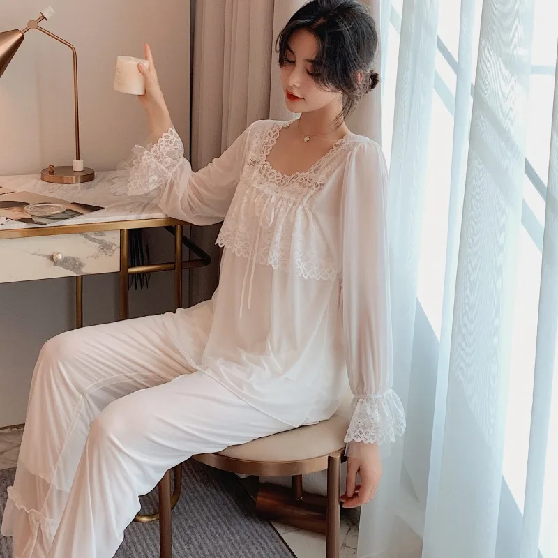 Весна-Осень, комплект домашней одежды с длинным рукавом, Женская кружевная Пижама принцессы из Южной Кореи