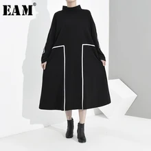 [EAM] женское платье контрастного цвета с разрезом, большой размер, новинка, водолазка с длинным рукавом, свободный крой, мода, весна-осень, 1H2440