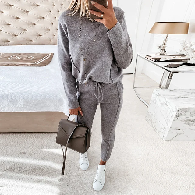 2021 Spring Winter Long Sleeve Pullover Top Drawstring Pants Casual Trousers Two Piece Set Womens Tracksuit Clothing Sport Suits 1