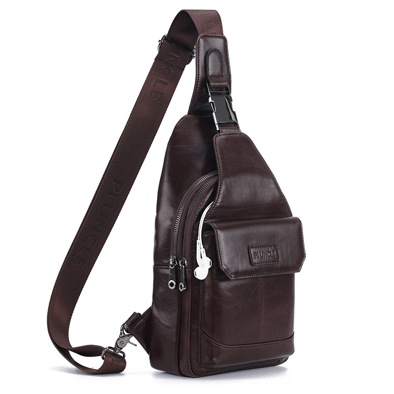 

Fashion Sling Chest Bag Men Genuine Leather Crossbody Bag Travel Male Ridng Music Bag for Phone Hot Boy Leather Messenger Bags