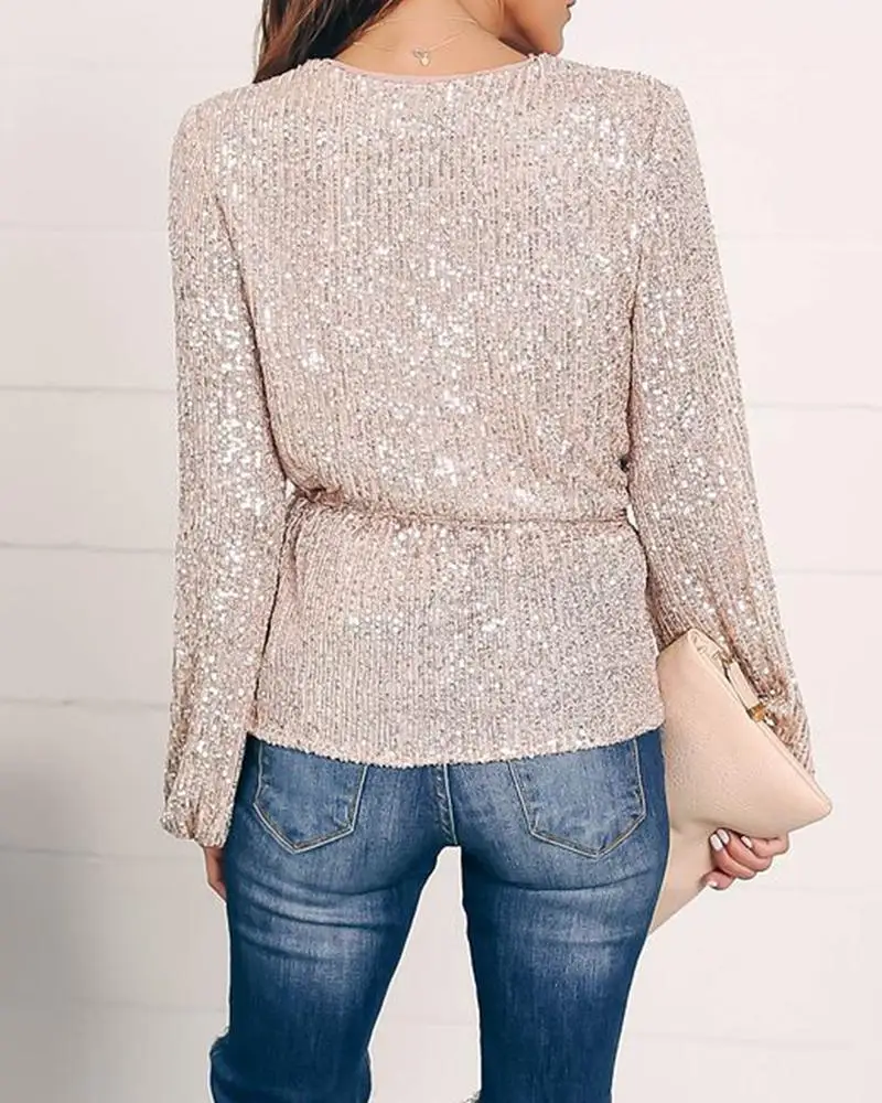 Sequined tie waist wrap top Clearance