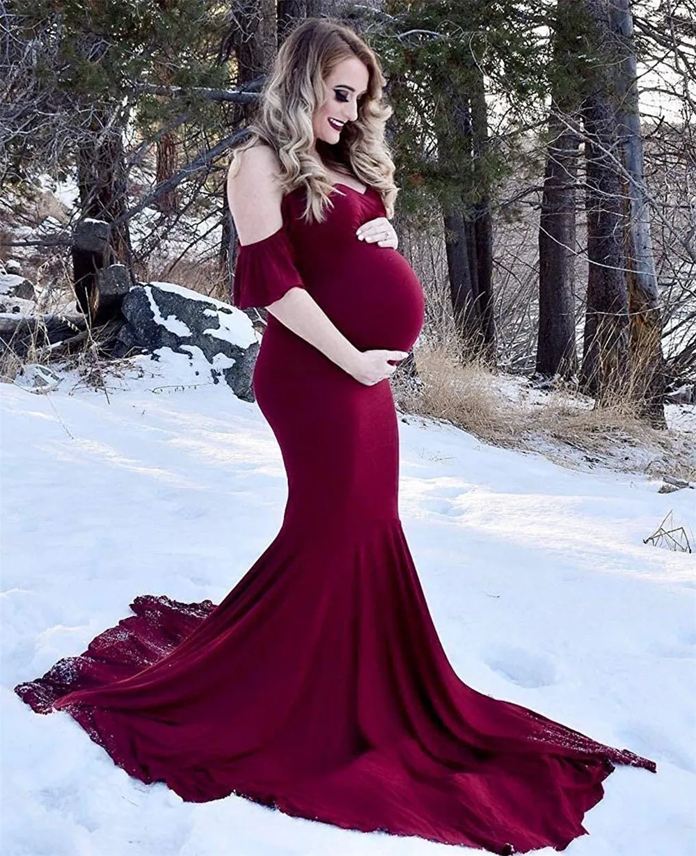 Shoulderless Maternity Dresses For Photo Shoot Sexy Ruffles Sleeve Pregnancy Dress New Maxi Gown Pregnant Women Photography Prop (13)