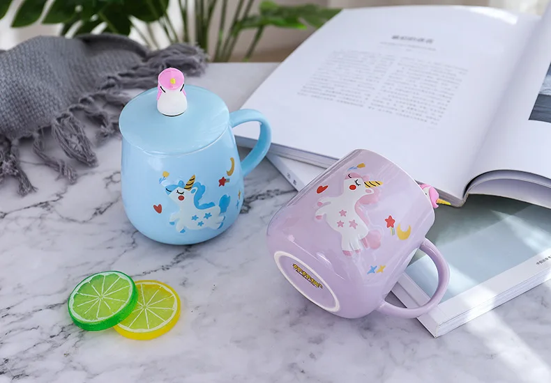 Милый мультфильм Единорог живот чашки с крышкой Ложка сок молоко вода керамическая чашка бытовой завтрак кружки для детей студентов подарки
