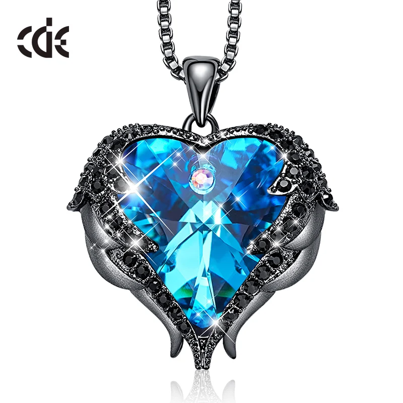 Black Blue CDE Модные ангельские крылья кулон в форме сердца ожерелье с Кристаллы аметиста для женщин ювелирные украшения подарки на день Святого Валентина - Цвет камня: Black Blue