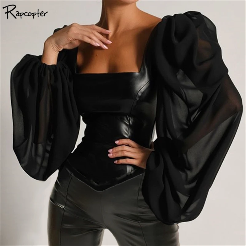 Рапкоптер шифоновая с пышными рукавами кожаная укороченная футболка женская с квадратным воротником винтажные элегантные женские топы Осенняя тонкая уличная футболка