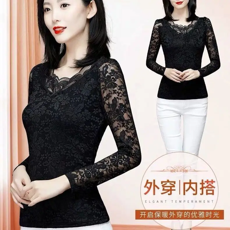 여성용 긴팔 블라우스, 레이스 셔츠, 겨울 블라우스