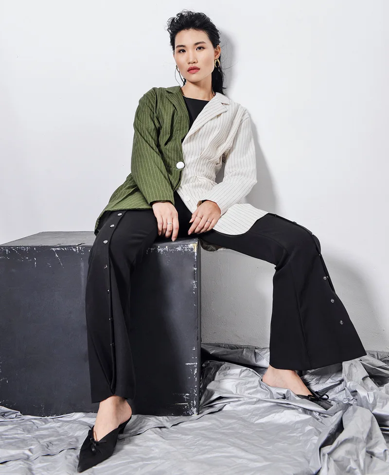 

Ozhouzhan Joint Mixed Colors Stripes Suit Collar Mid-length Waist Hugging Suit Jacket