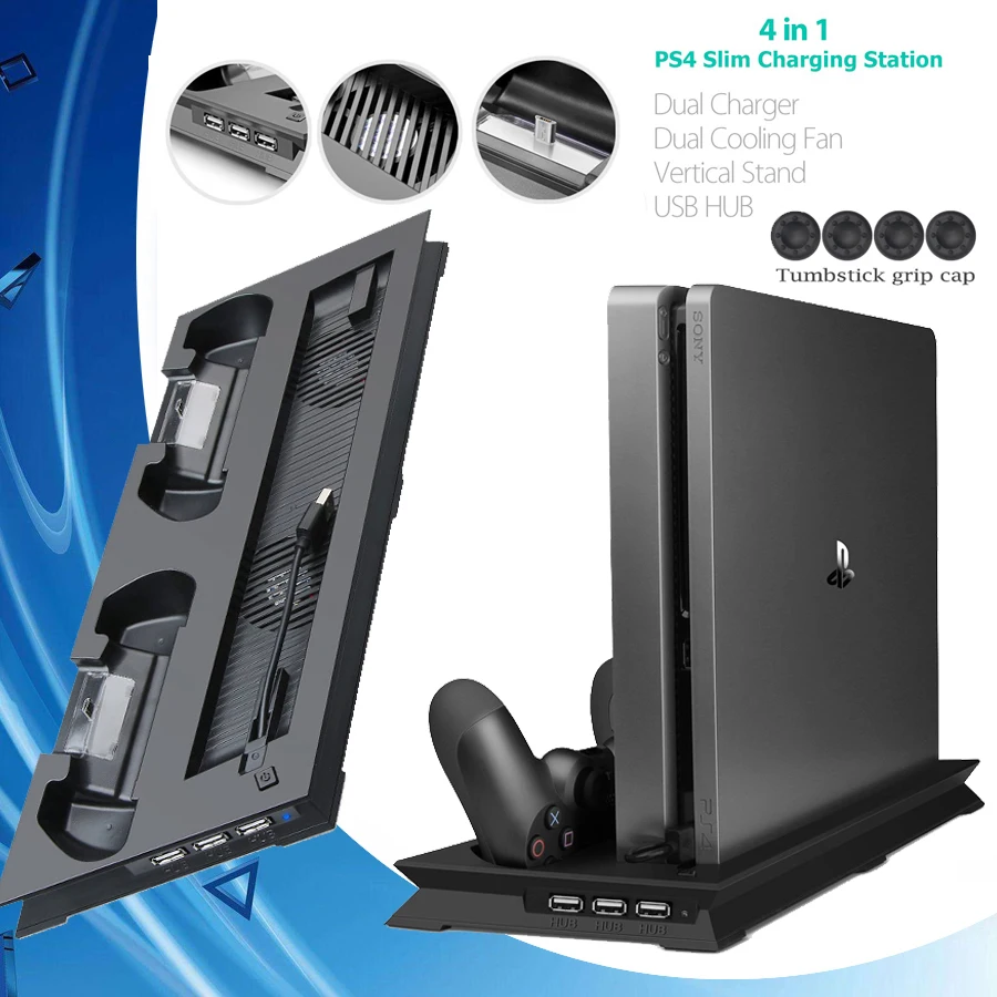 Вертикальная подставка для PS4 Slim с охлаждающим вентилятором зарядная док станция