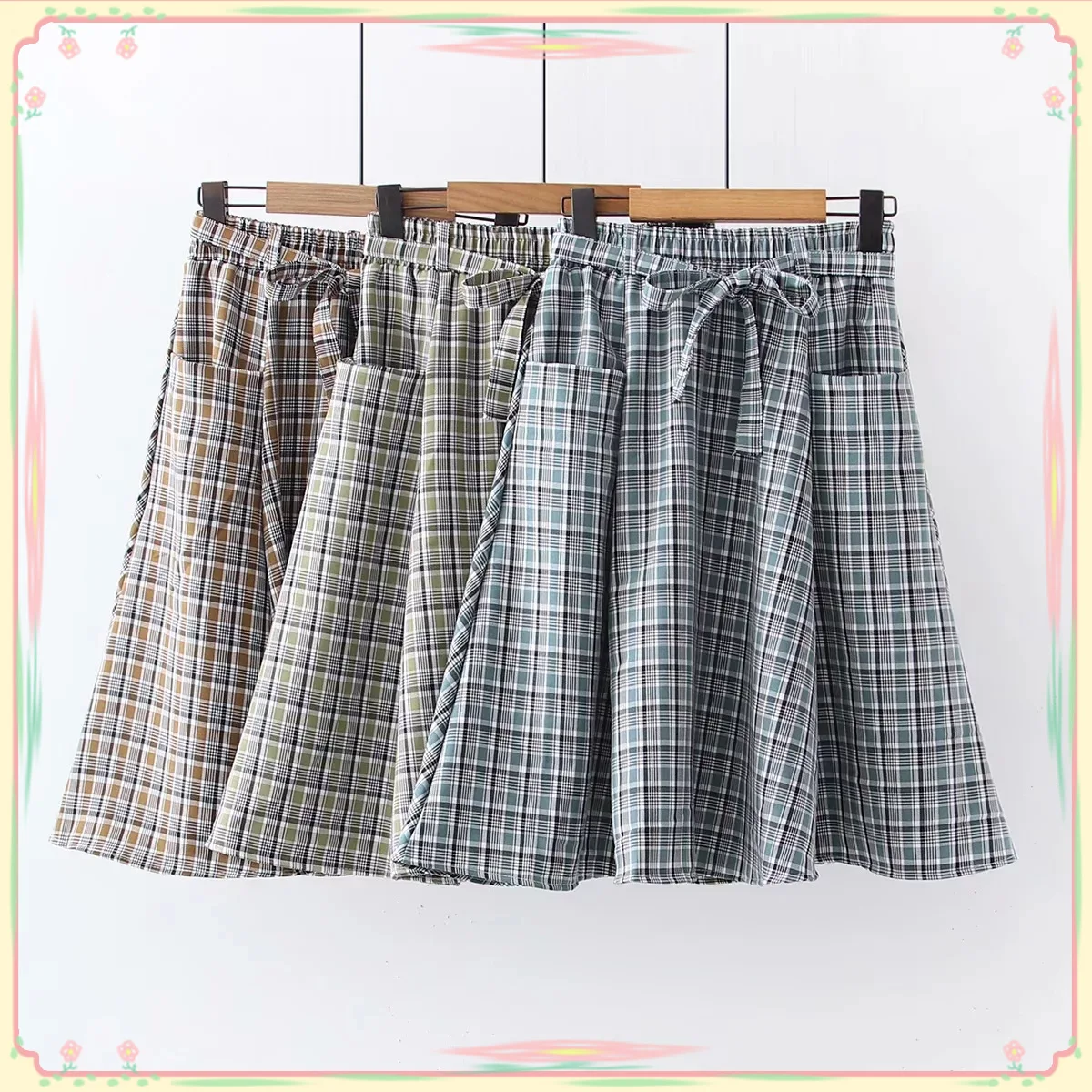 

Japanese-style Hipster 19 Autumn New Style Sweet Literature And Art Casual Plaid Printed Bow Pocket Longuette Women's