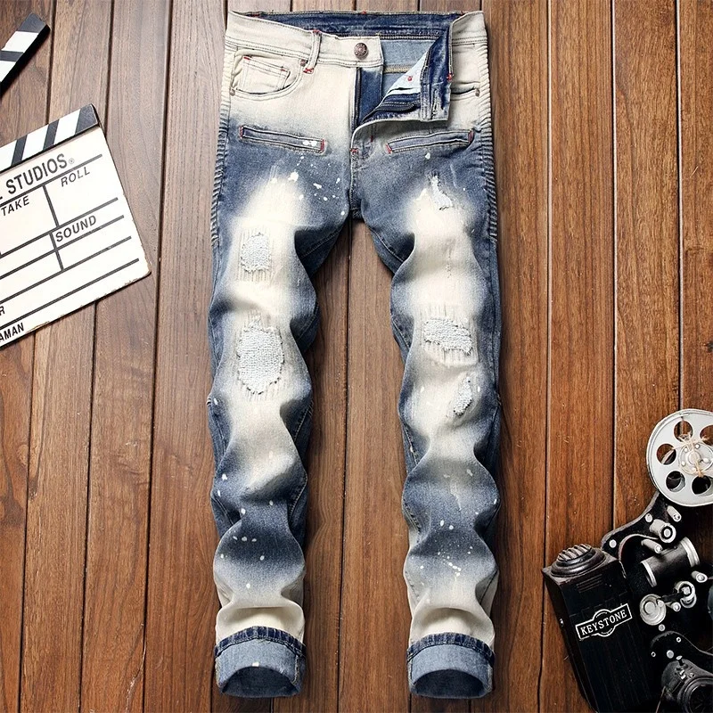 

Джинсы мужские Стрейчевые с эффектом потертости, винтажные брюки из денима с промытой дыркой, узкие прямые, в стиле пэчворк, повседневные, плиссированные, классические