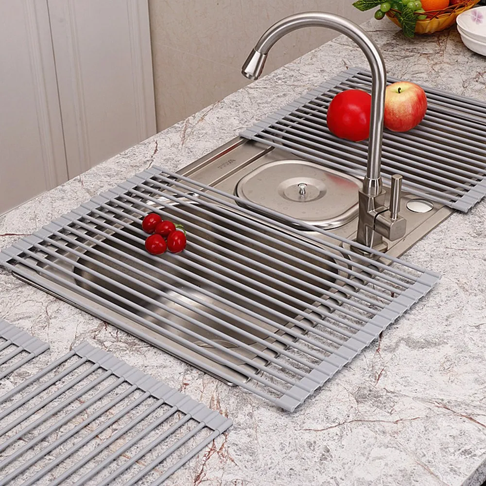 

Kitchen Sink Storage Draining Dying Dish Vegetable Stainless Steel Silicone Folding Draining Racks Over Sink
