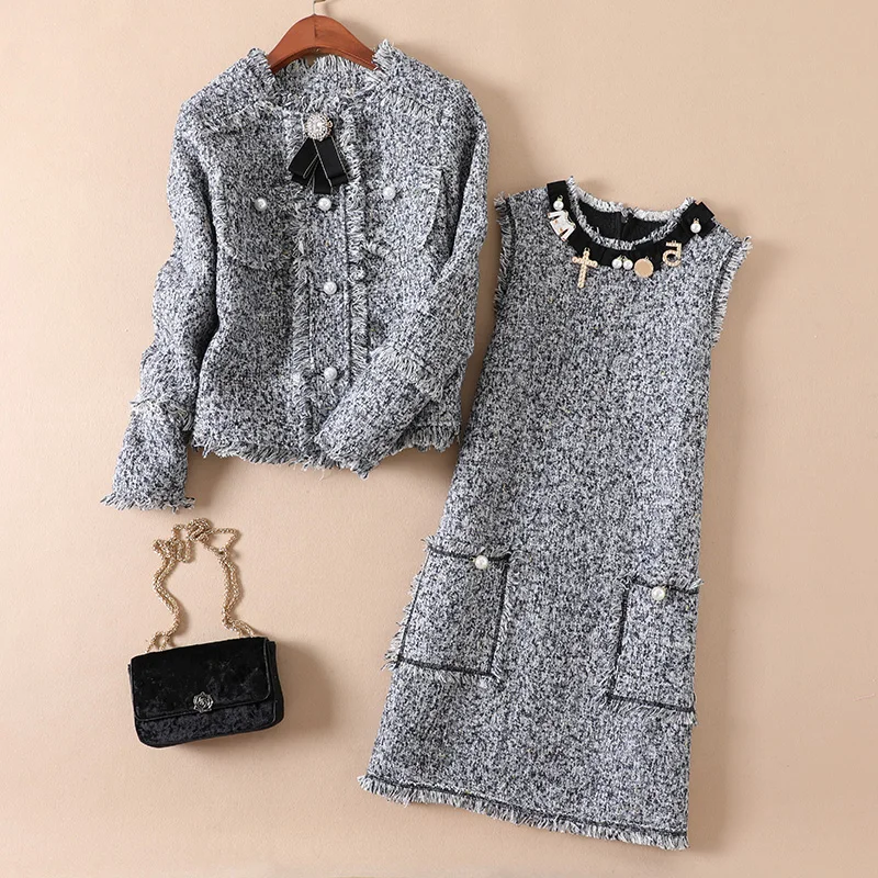 NIWIY Brand Dress Sweet Diamonds Bead Pink Dress Robe Hiver 2022 Autumn Tweed Woolen Women Dress vestidos Robe Femme Jurken k808